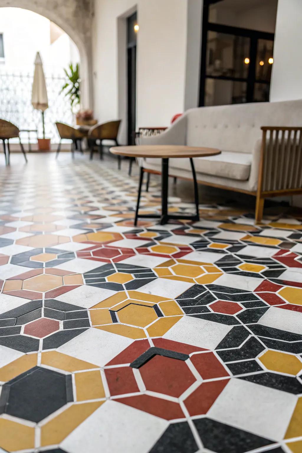 A room featuring bold geometric patterned floors with hexagons, creating a modern and dynamic atmosphere.