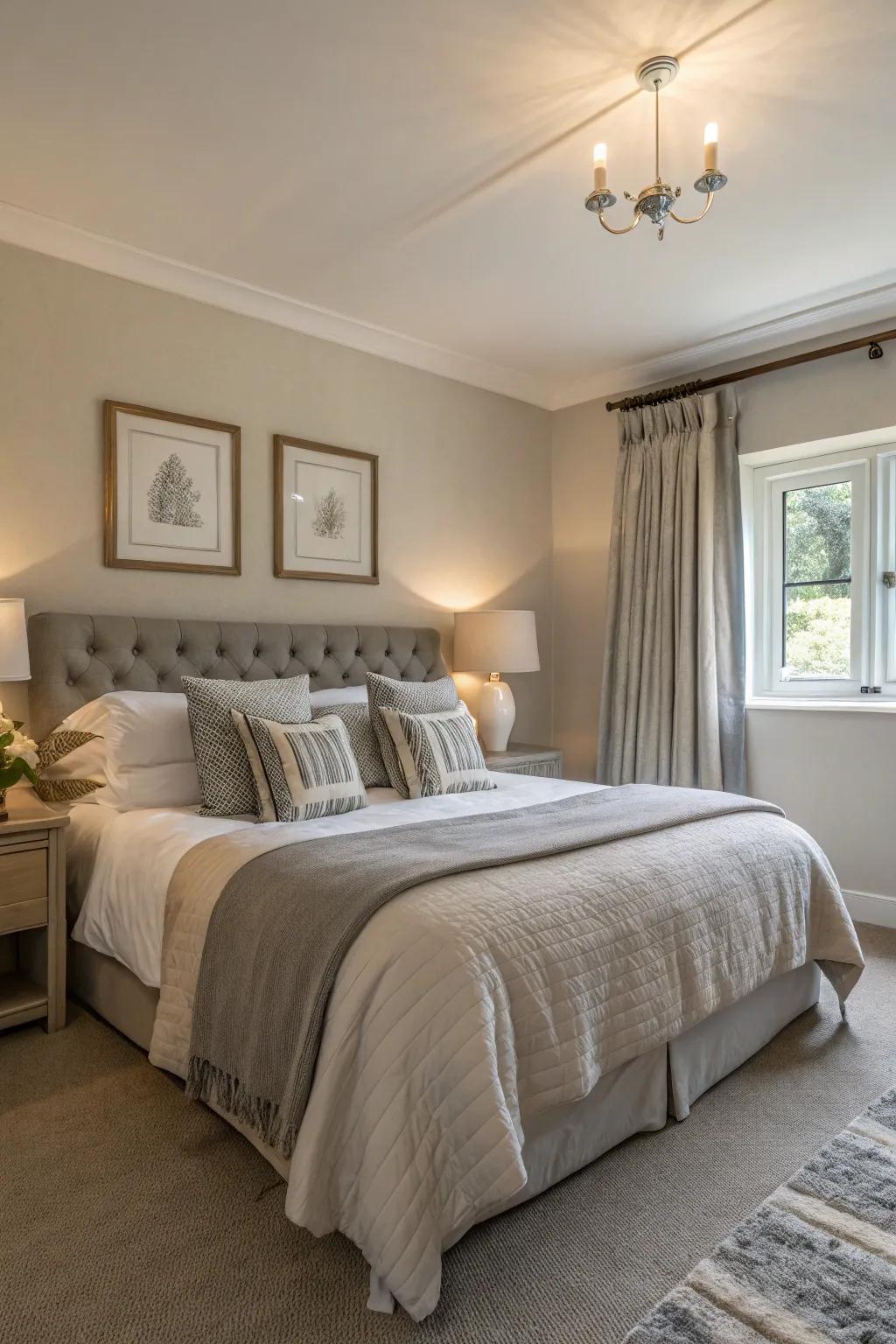 A calming bedroom with a neutral color scheme.