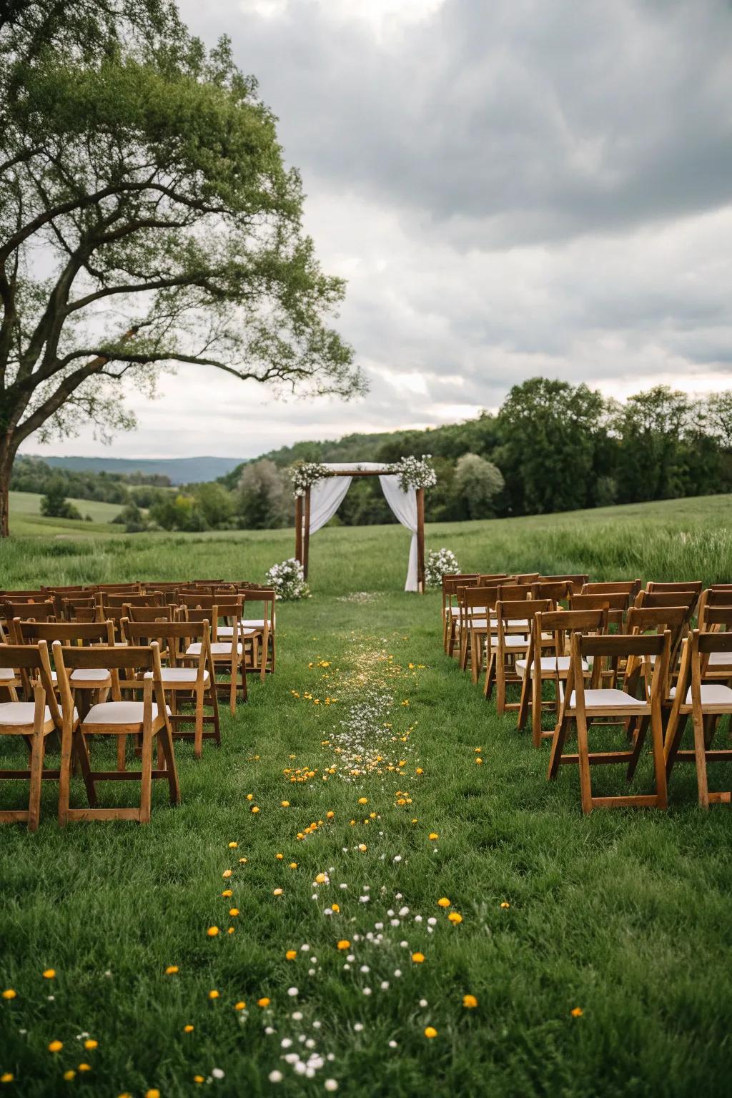 Wooden chairs set up on a lush pasture for the ceremony.