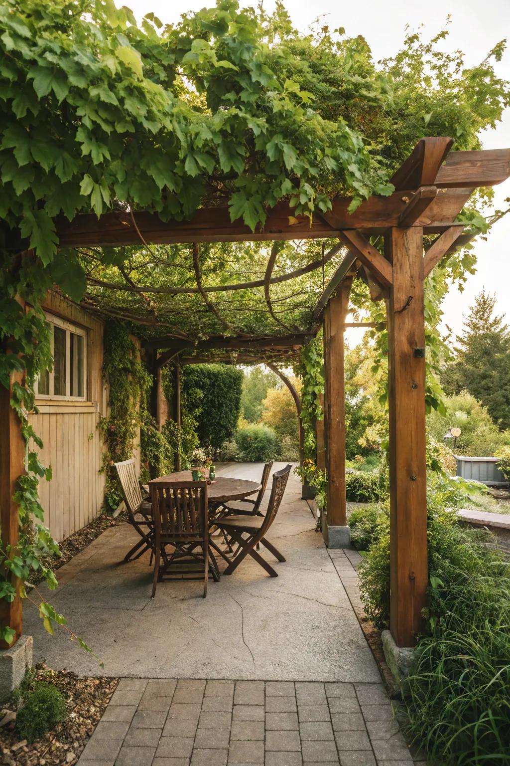 A wooden pergola adorned with climbing vines adds a touch of nature to your patio.