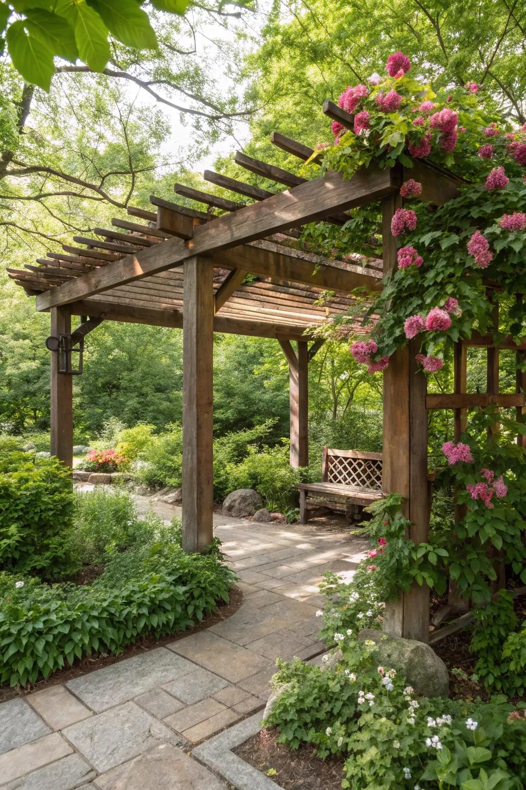 A pergola with a solid wood roof offers complete weather protection in a lush garden.