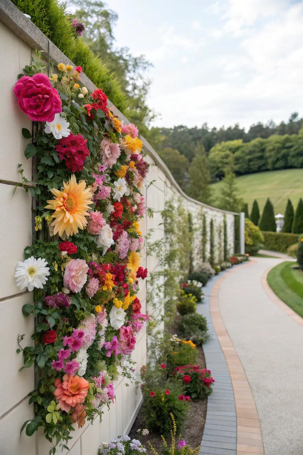 A wall adorned with a variety of colorful artificial and real flowers, creating a floral fantasy.