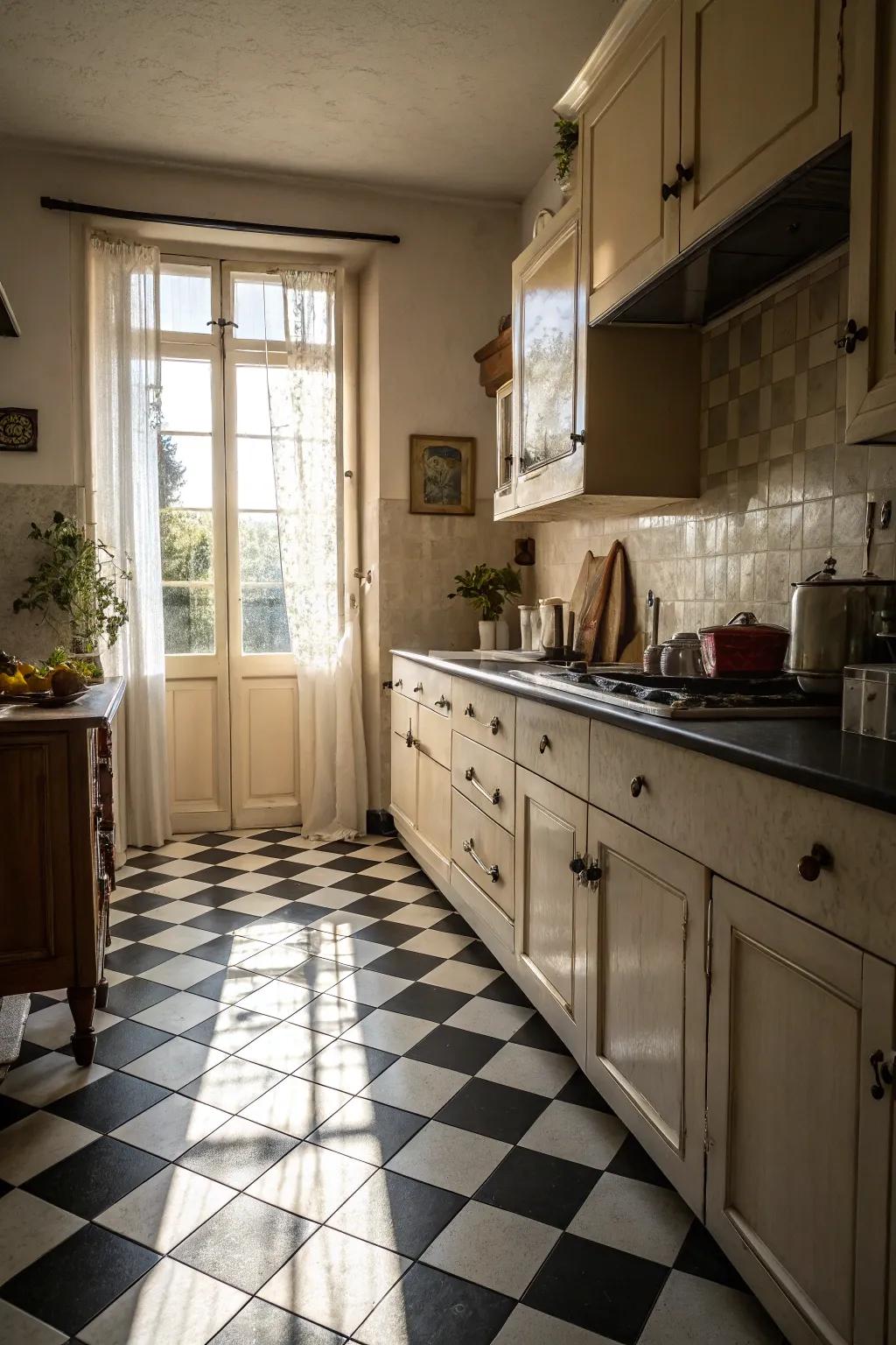 A classic checkerboard floor brings timeless elegance to the kitchen.