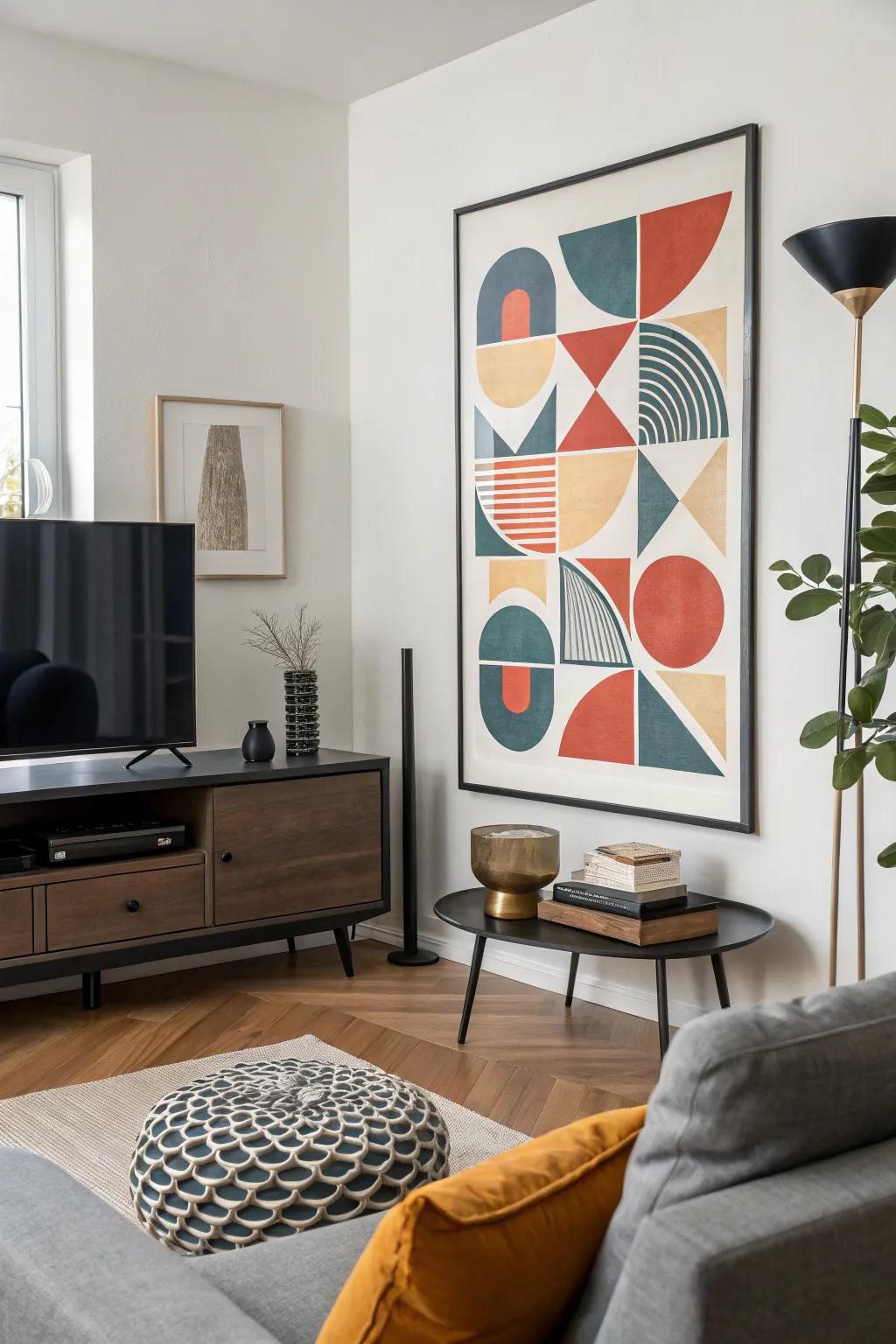 A striking abstract art poster with geometric shapes in a modern living room.