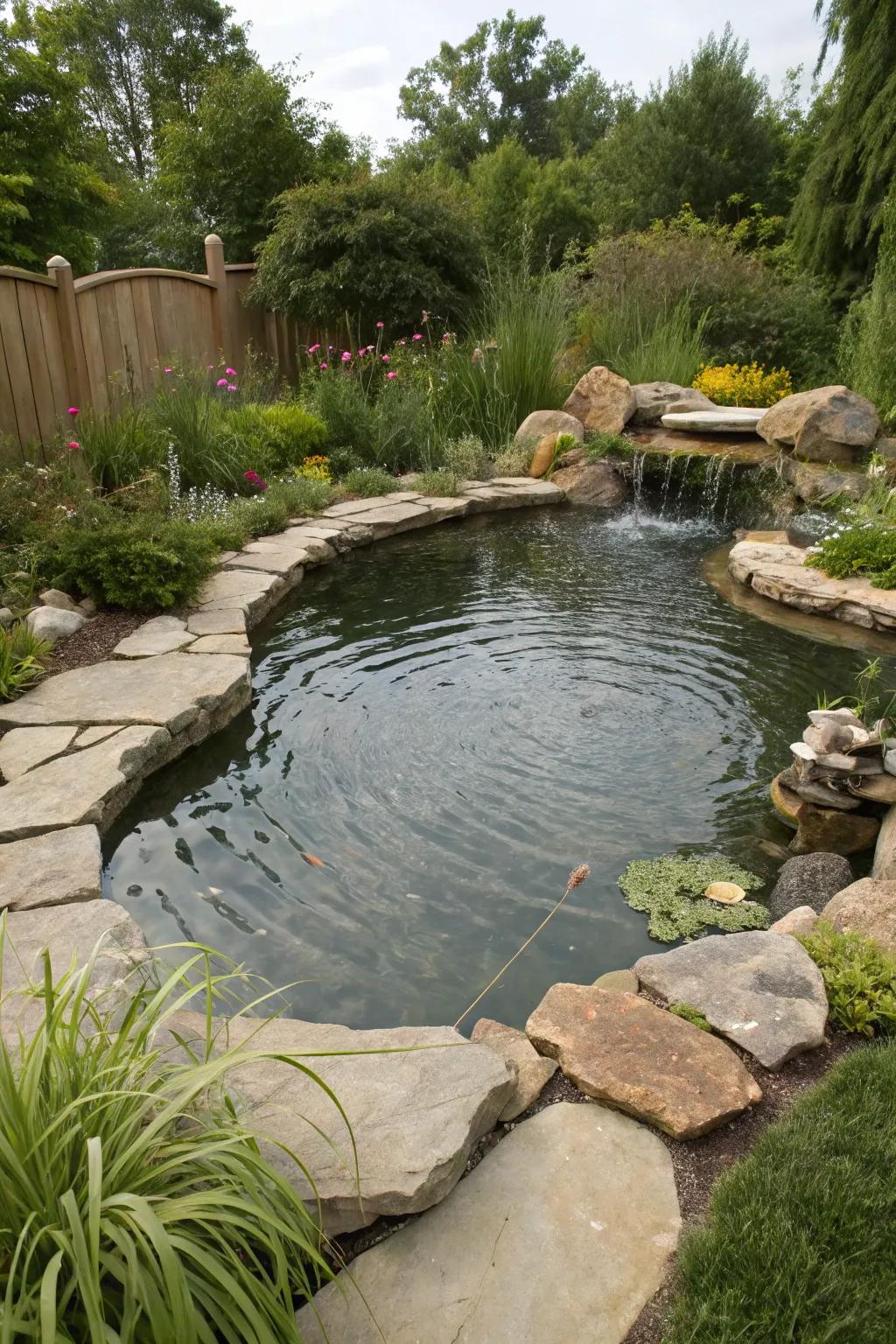 A pond with natural stone borders, blending seamlessly with its environment.