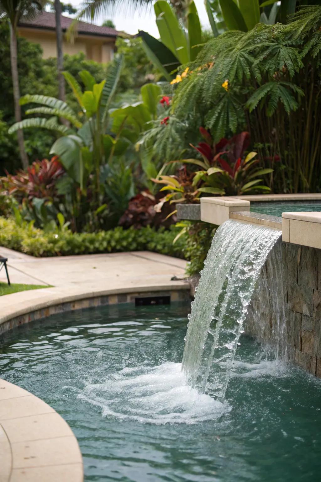 Experience tranquility with a jacuzzi featuring a waterfall edge that cascades into the pool.