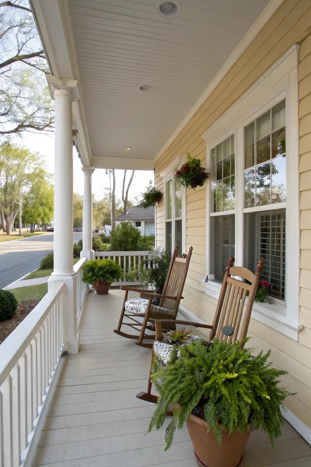 A serene porch in neutral tones that exudes elegance and simplicity.