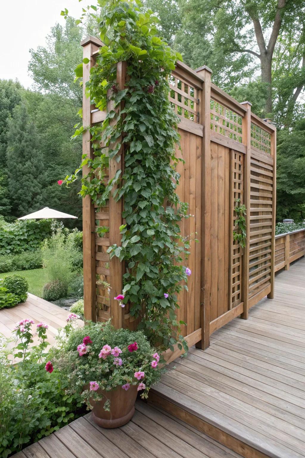 A wooden privacy screen adorned with lush climbing plants.