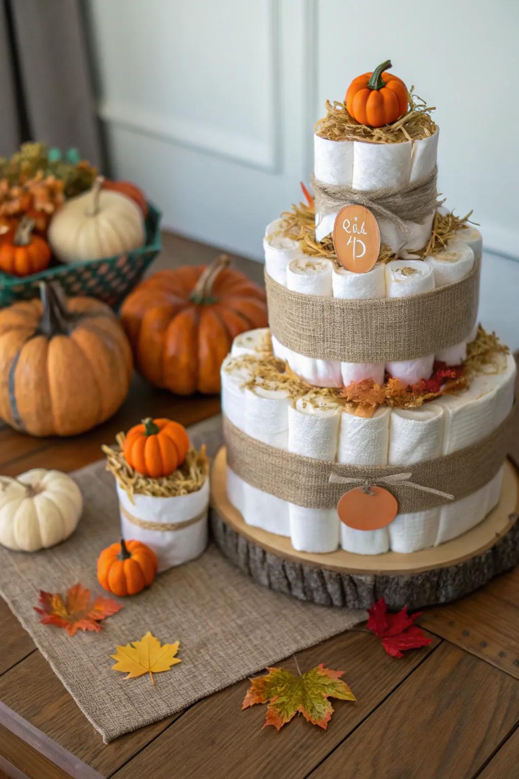 A classic pumpkin patch diaper cake is a must-have for any autumn baby shower.