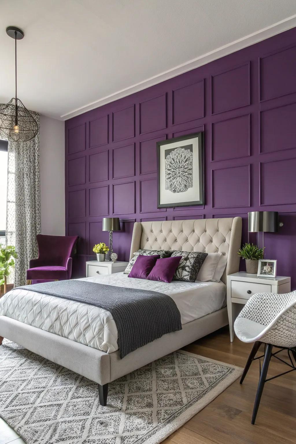 A bedroom with a bold purple accent wall creating a dramatic effect.