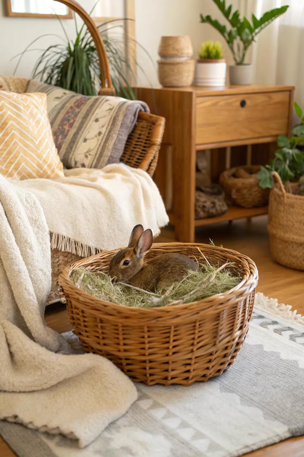 A wicker basket overflowing with rabbit hay, bringing a rustic charm to the space.