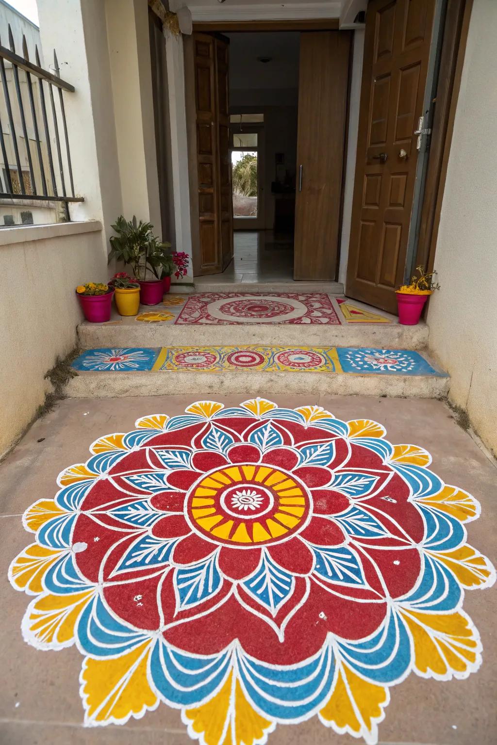 Bright colors come alive in this rangoli design, perfect for Diwali celebrations.