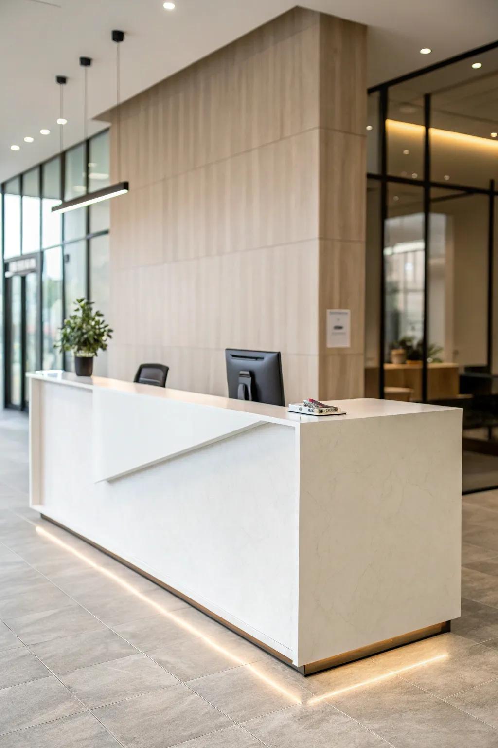 A minimalist reception desk projecting serenity and focus.