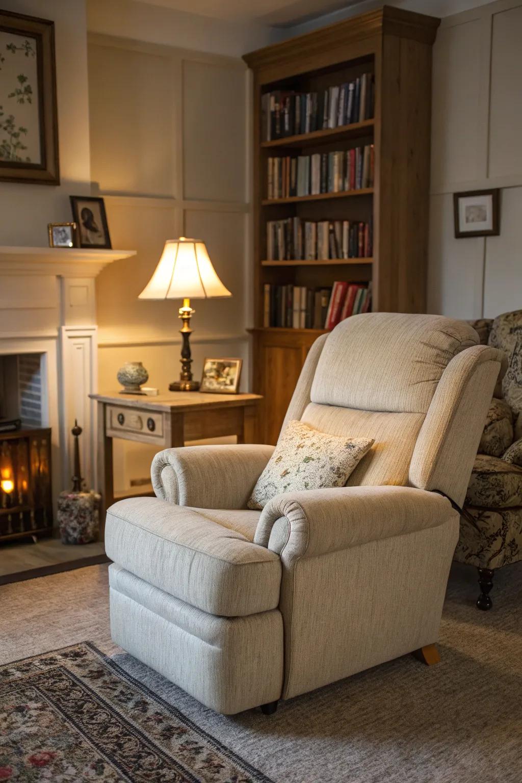 A cozy corner featuring a recliner sofa and a matching armchair, ideal for relaxation.