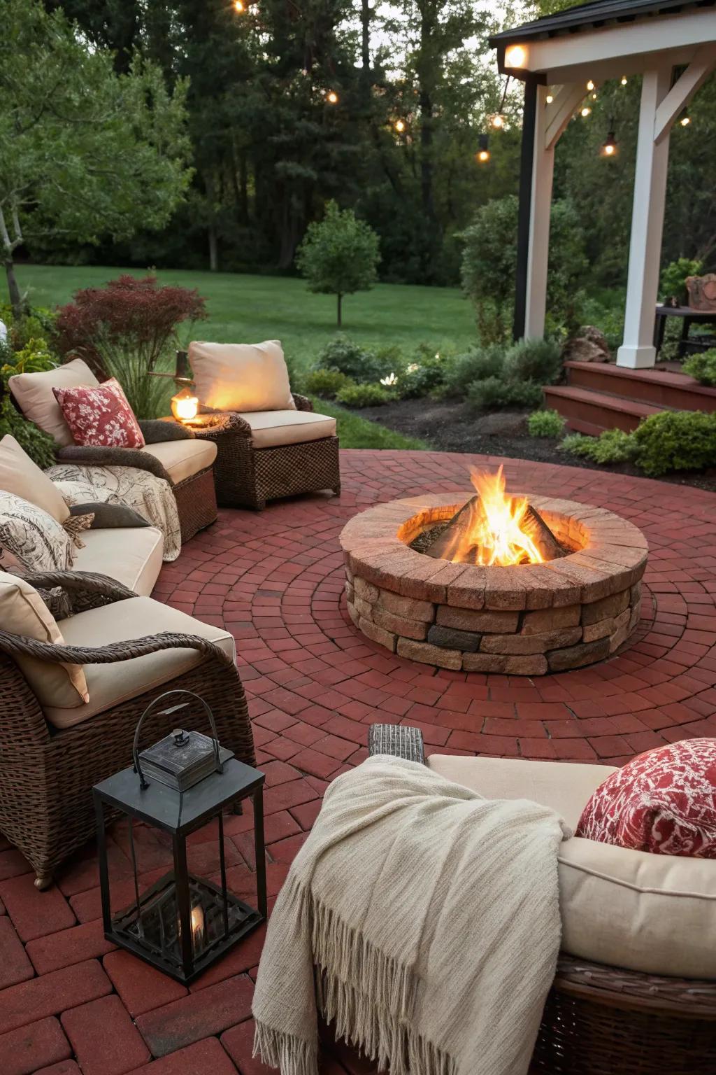 A red brick patio featuring a cozy fire pit setup