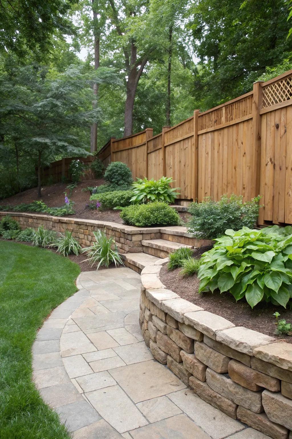 A harmonious blend of wood and stone in a backyard setting.