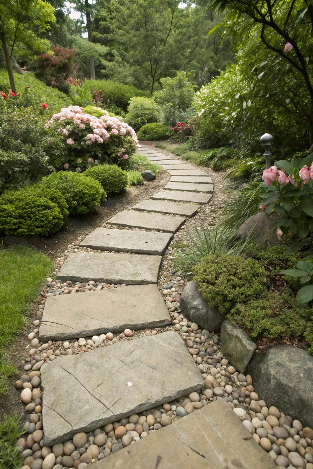 A natural rock pathway invites exploration through lush greenery.