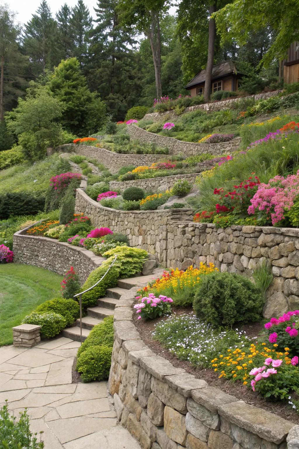 Terraced gardens with rock walls create a layered landscape full of color.