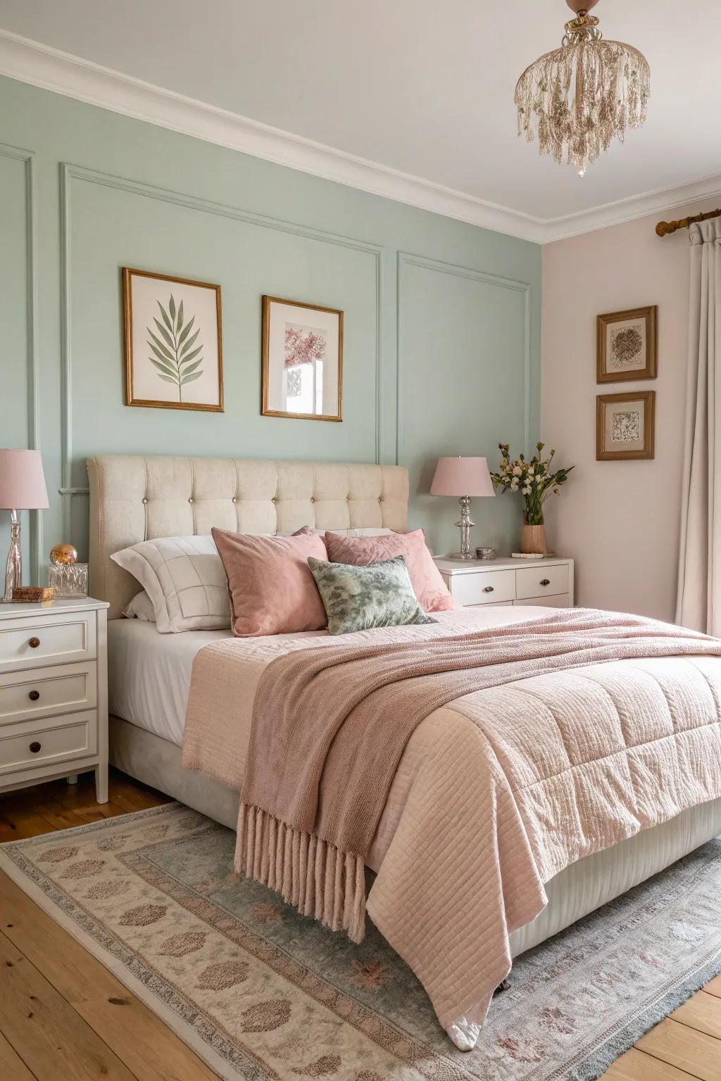 A peaceful bedroom with soft pastel tones and cozy textures.