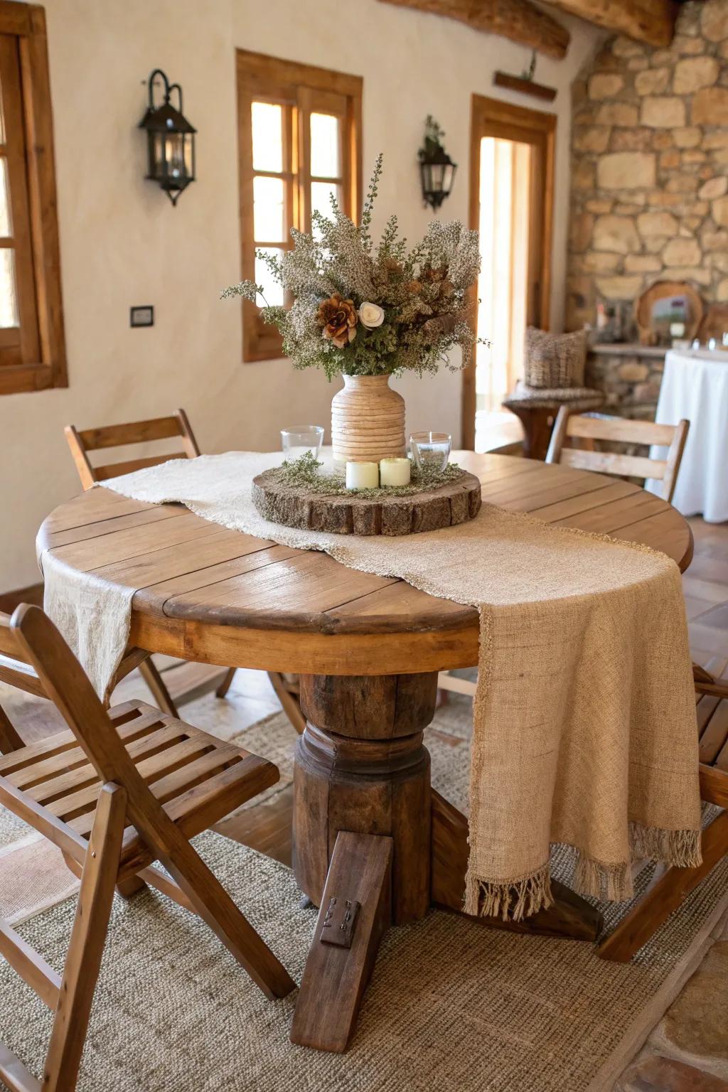 Hessian runners infuse a rustic allure to round tables.