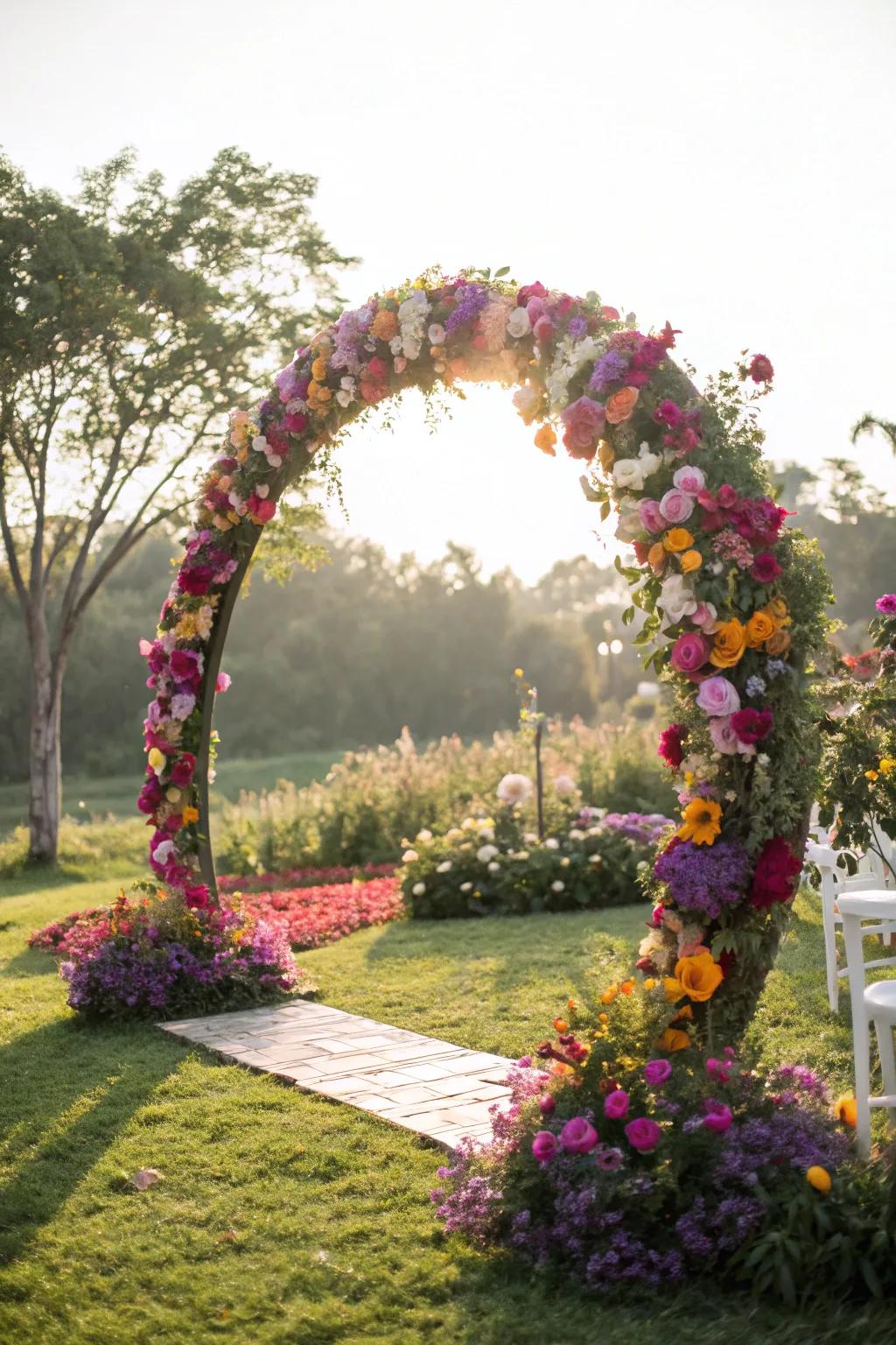 A round wedding arch brimming with colorful flowers.