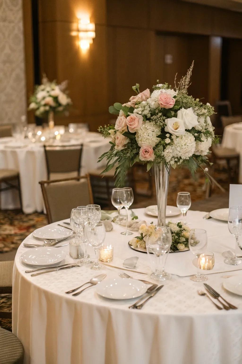 Timeless white tablecloth paired with exquisite floral centerpieces.
