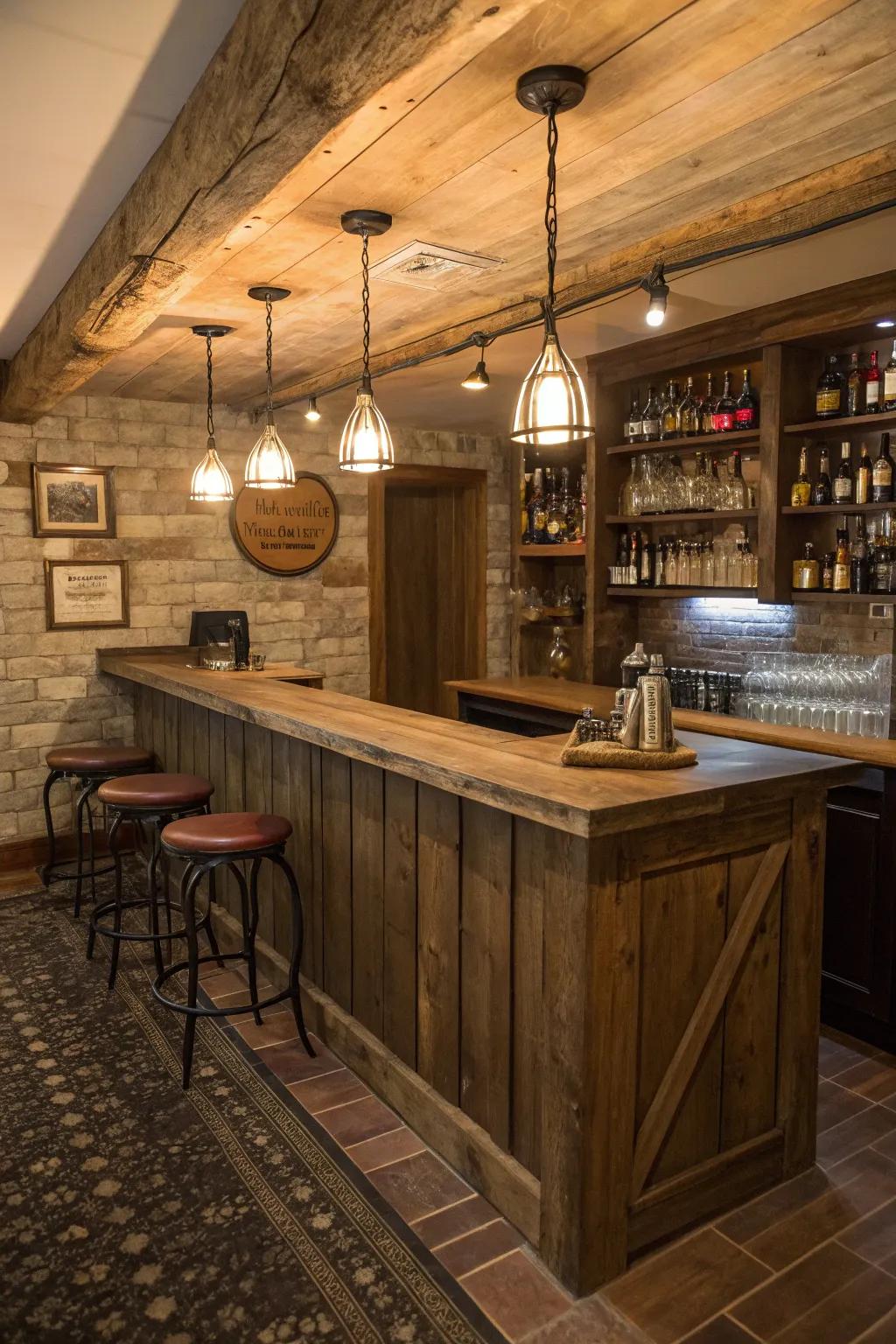 A bar top made from reclaimed wood, adding warmth and history to the space.