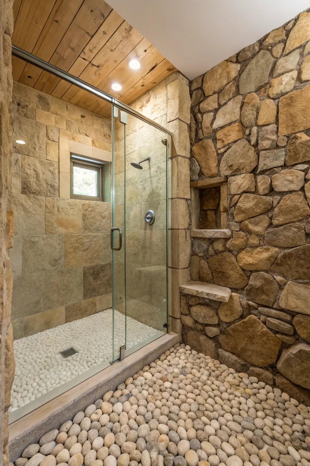 Natural stone walls bring an earthy elegance to your shower.