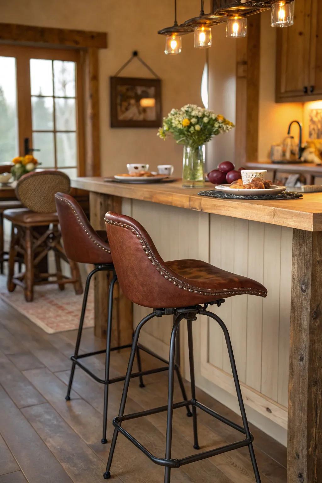 Riding seat-inspired bar stools introduce a rustic allure to this welcoming kitchen.