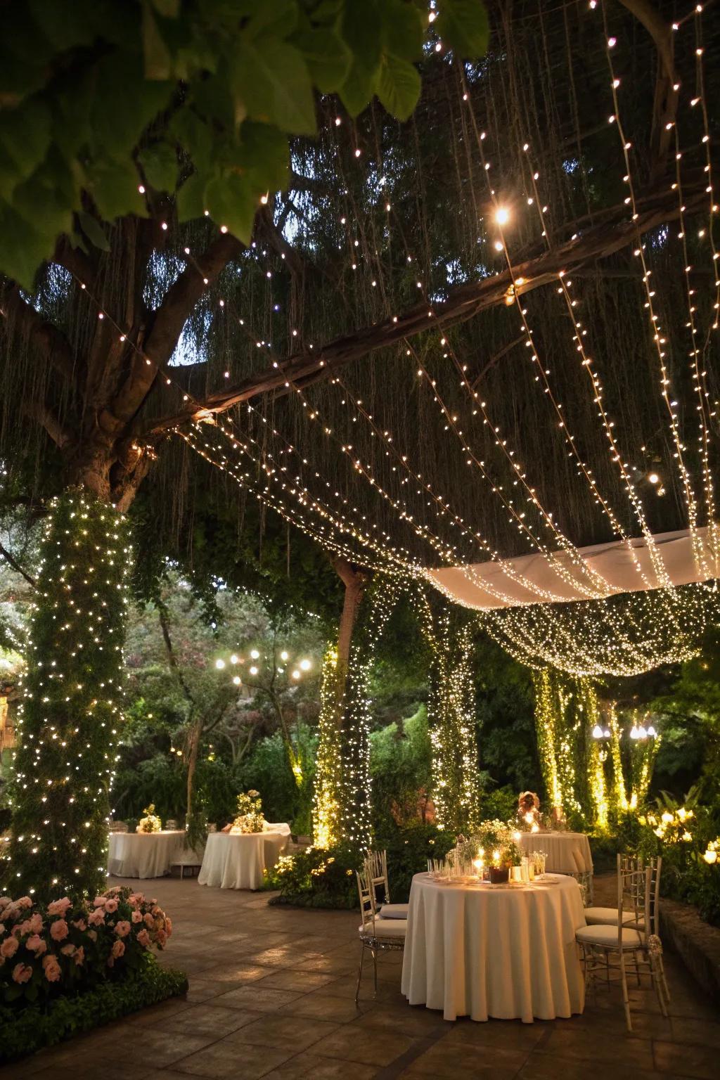 A garden venue illuminated with enchanting fairy lights.