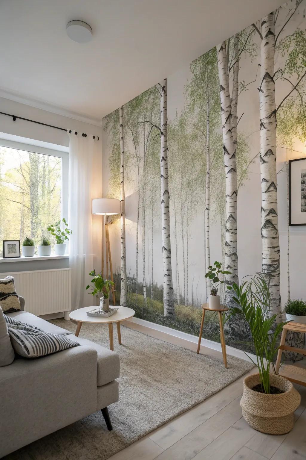 A Scandinavian living area showcasing a wall painting of nature with birch trees