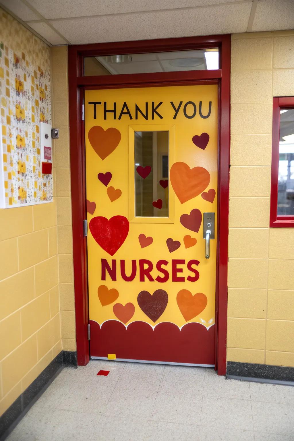 A school nurse door decorated with hearts and a heartfelt 'Thank You Nurses' message.