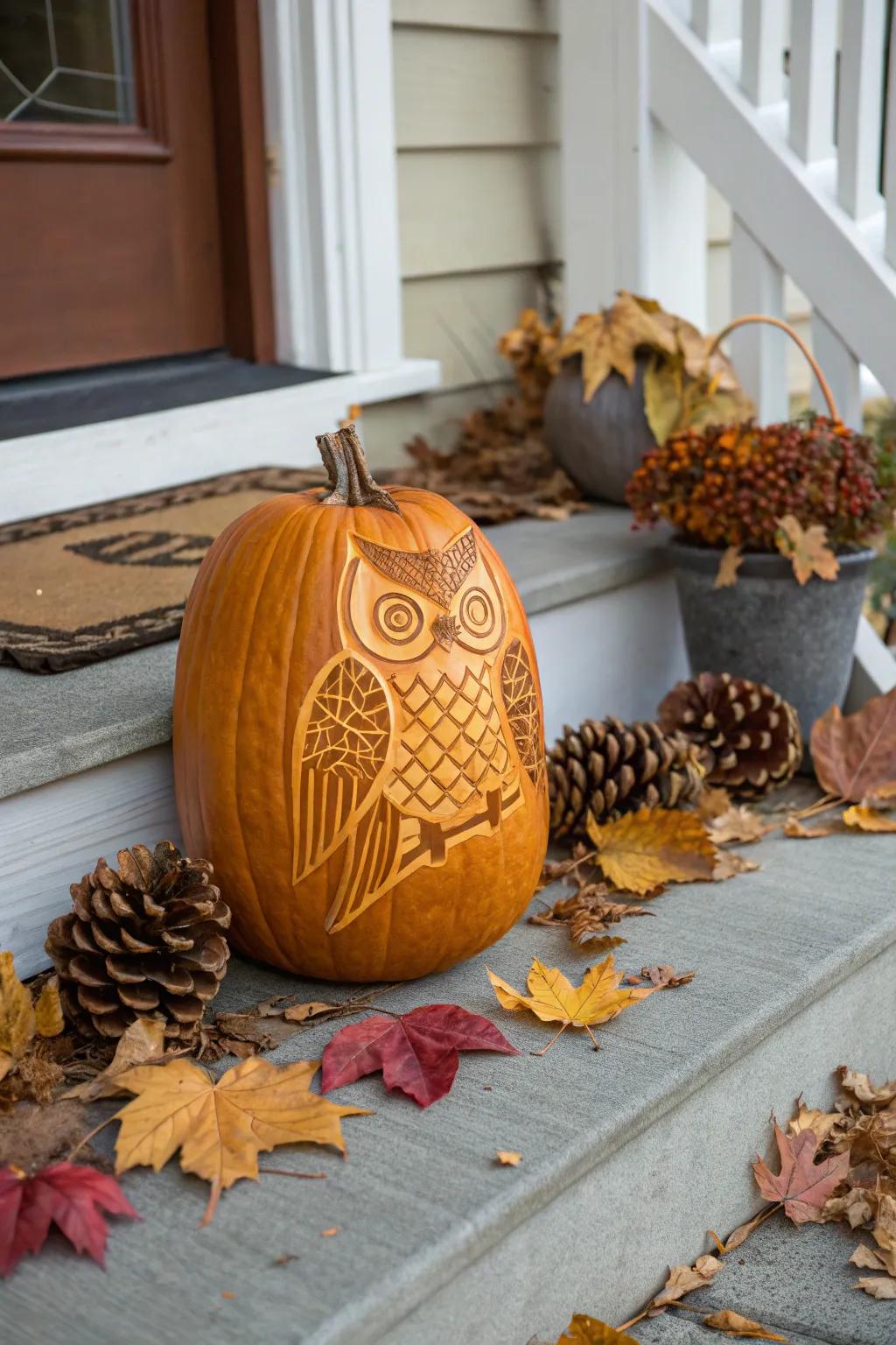 A whimsical owl carved into a pumpkin, perfect for adding a touch of nature to your decor.