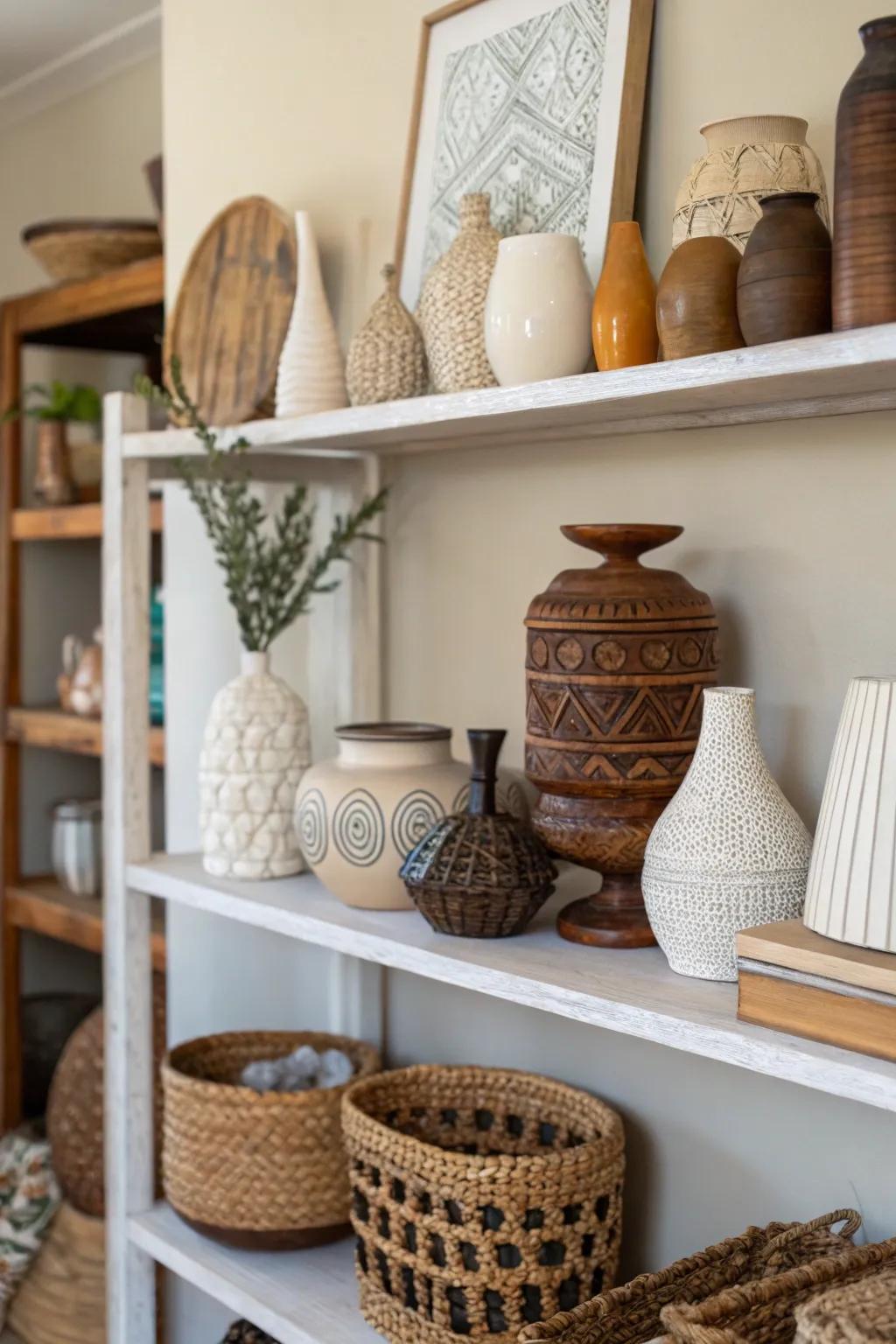 A home shelf blending ceramic vases and wooden sculptures for a textured look.