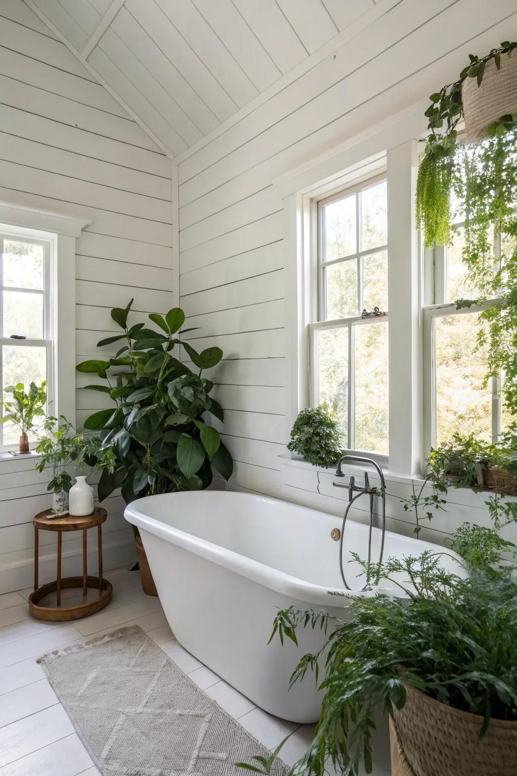 A bathroom featuring white board and batten walls paired with a freestanding tub.