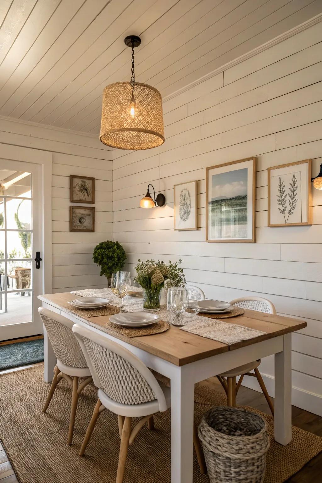 A dining room with classic white shiplap walls and minimalistic decor.