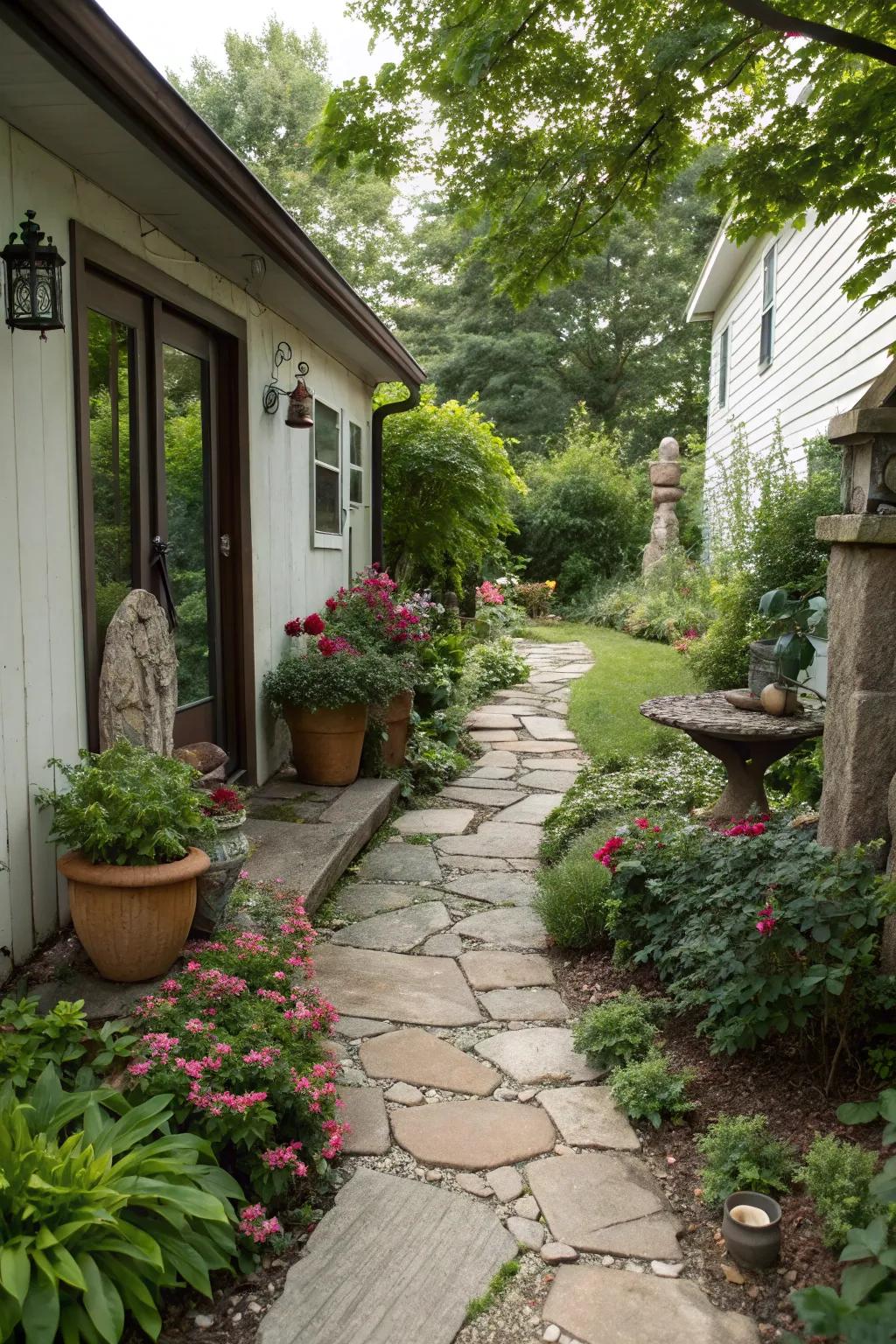 Create a charming journey through your side yard with a stone pathway.