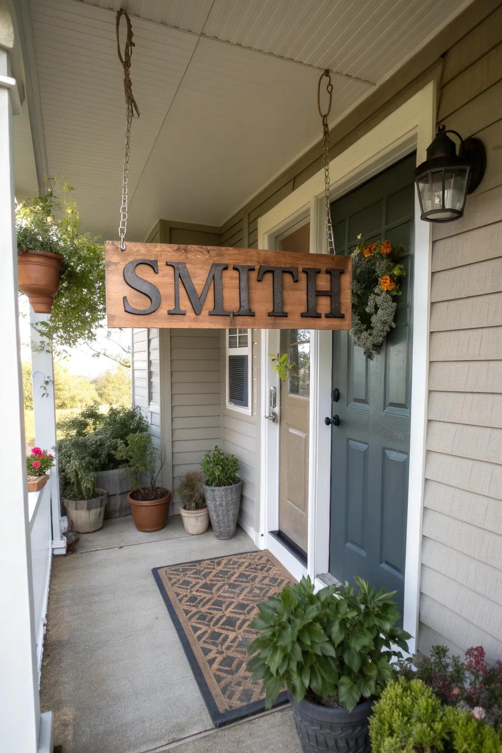 A front porch with a personalized wooden family name sign by the door.