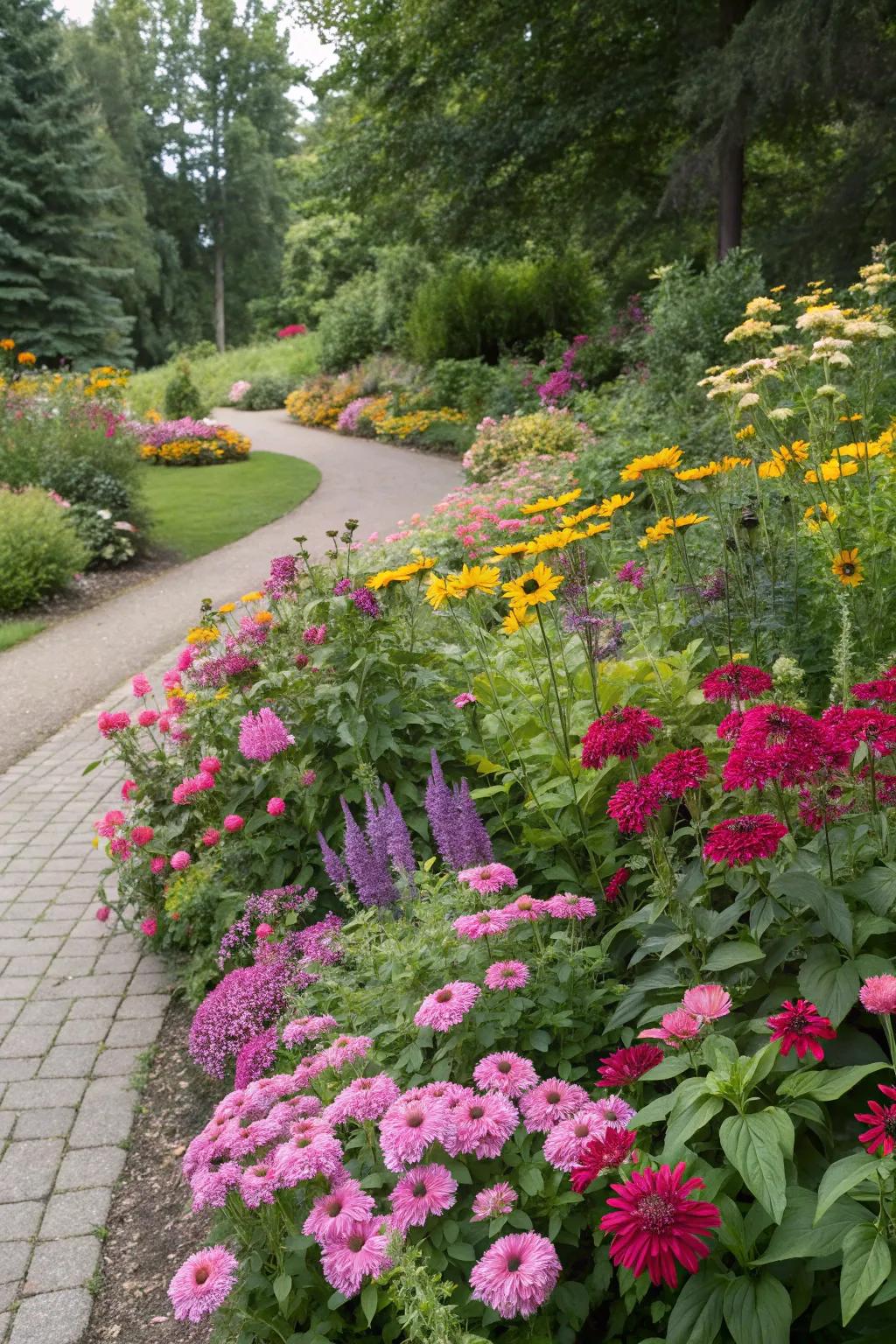 A colorful flower bed featuring a blend of perennials and annuals.