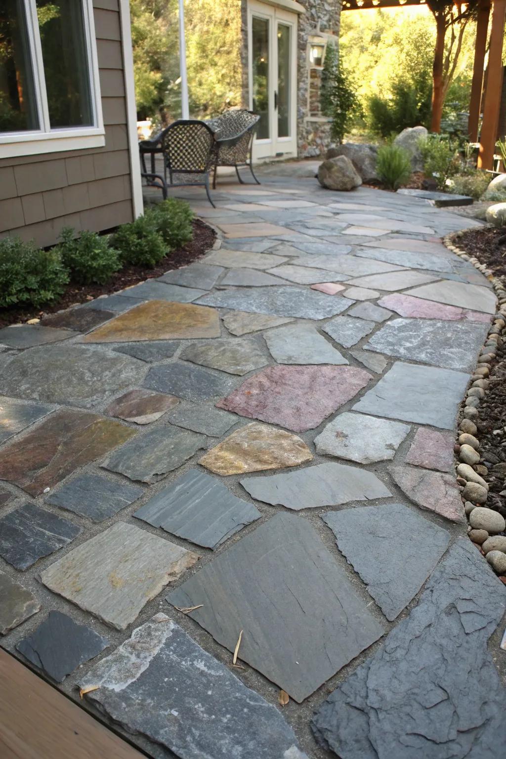 A slate patio showcasing an artful, assorted stone arrangement.