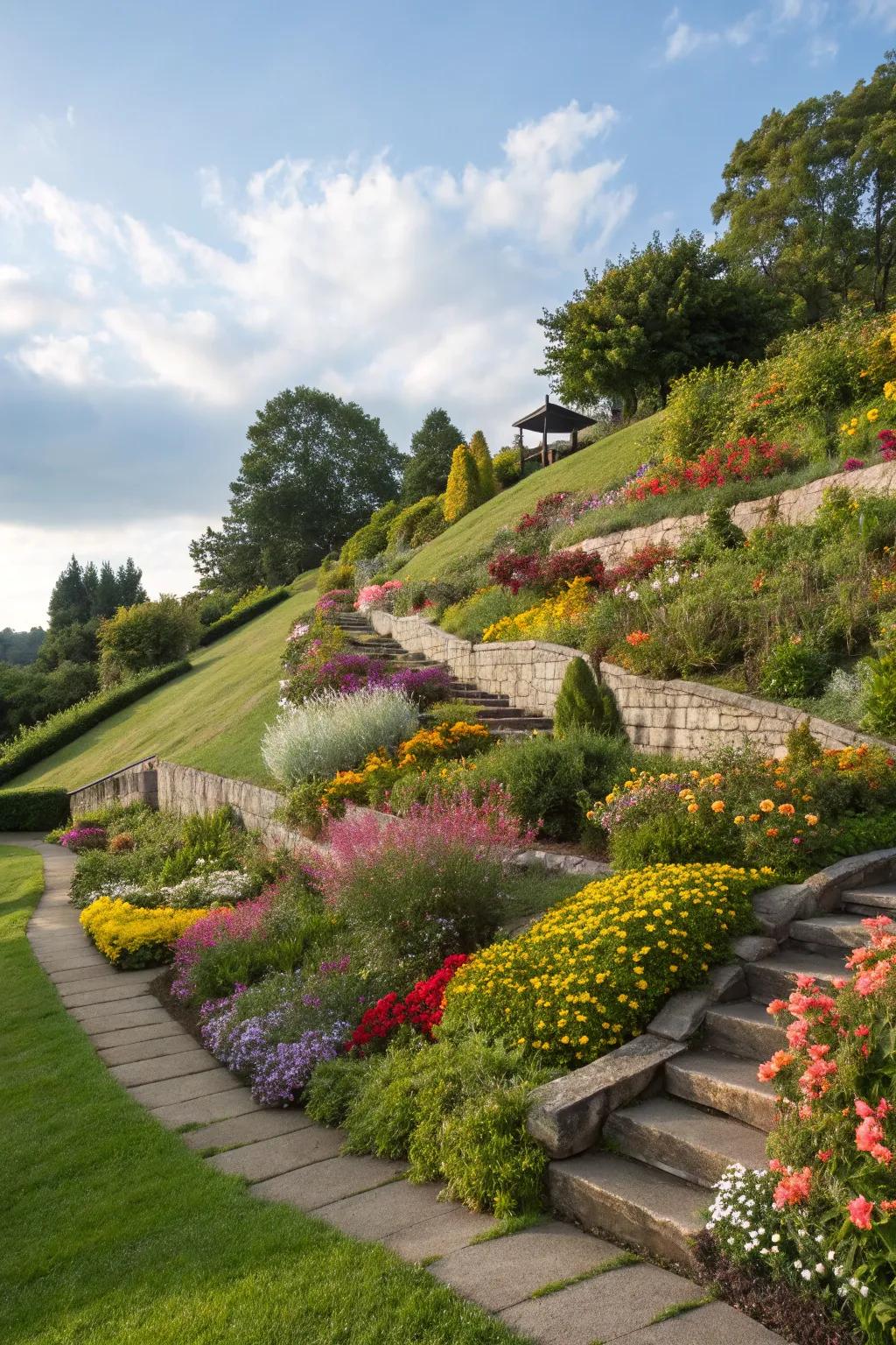 Tiered garden beds add depth and structure to this charming slope.