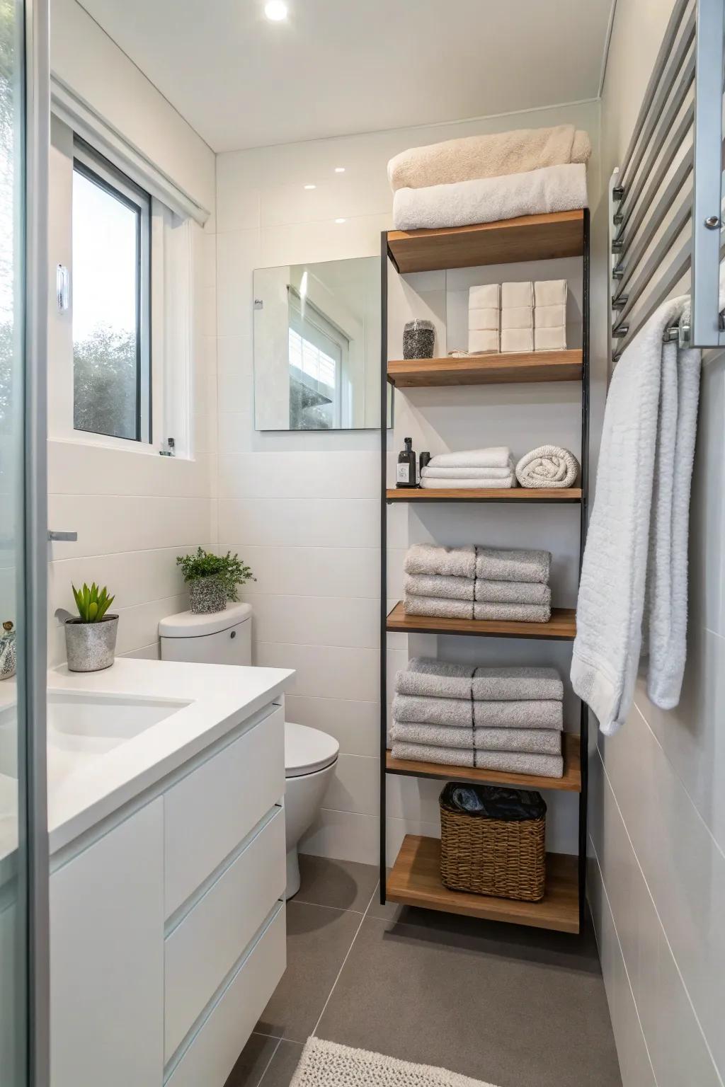 Wall-mounted shelves make use of vertical space for towel storage.