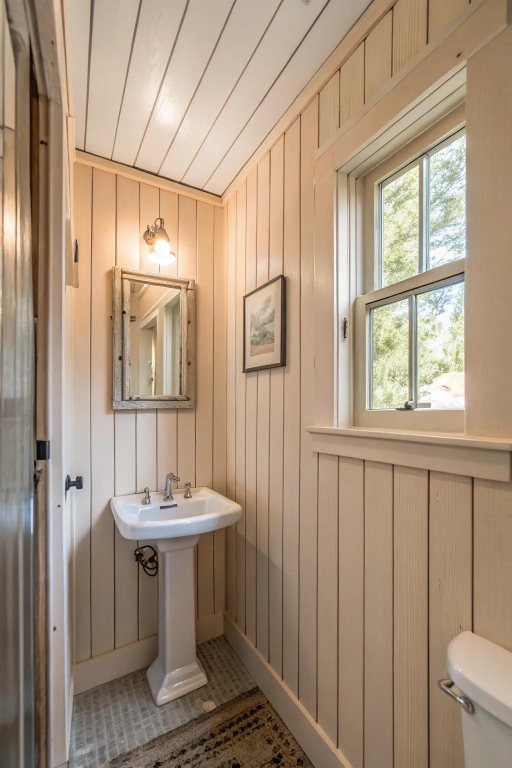 Vertical planking in a modest bathroom, fabricating an impression of altitude and spaciousness.