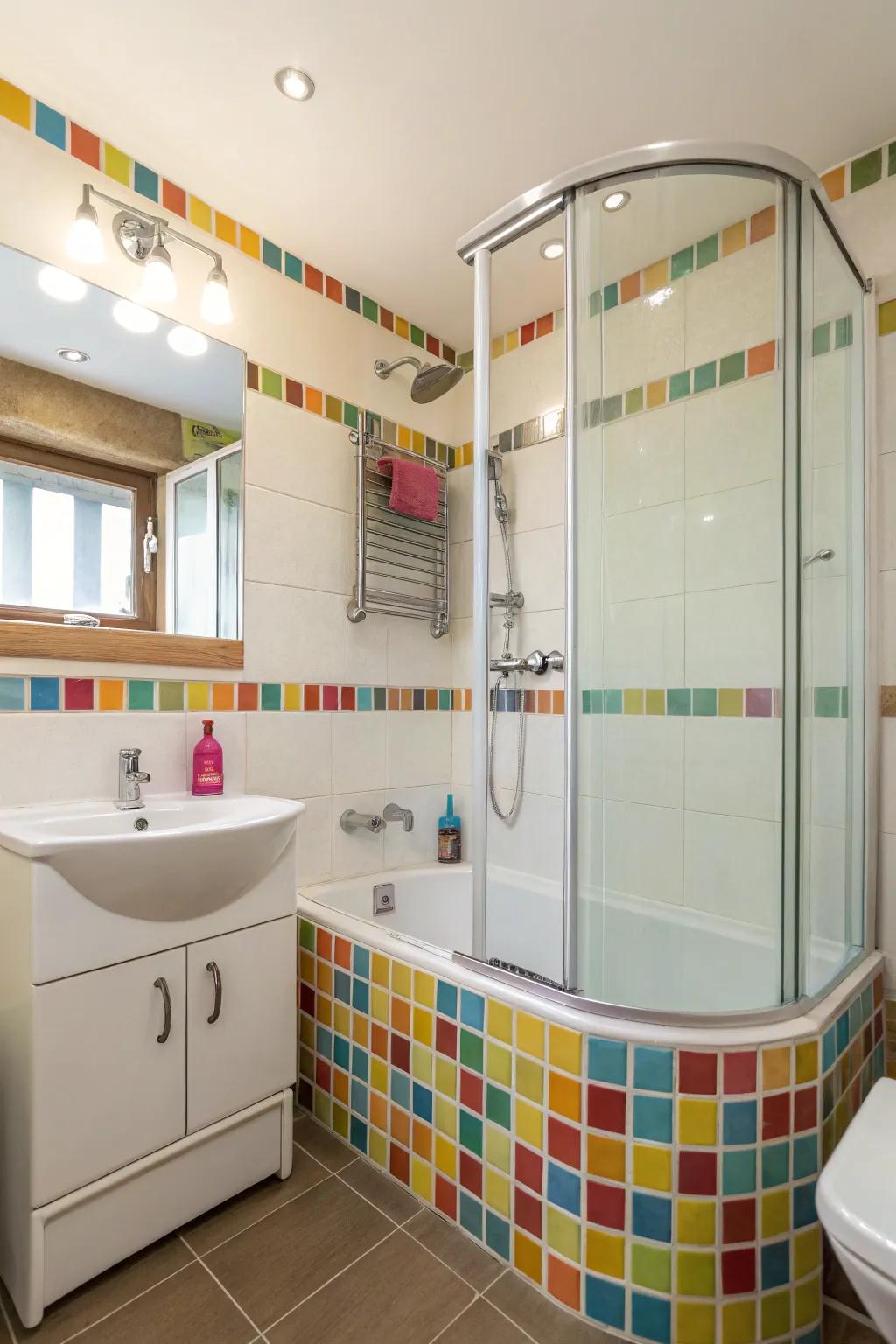 A corner tub maximizes space efficiency in a small bathroom setting.