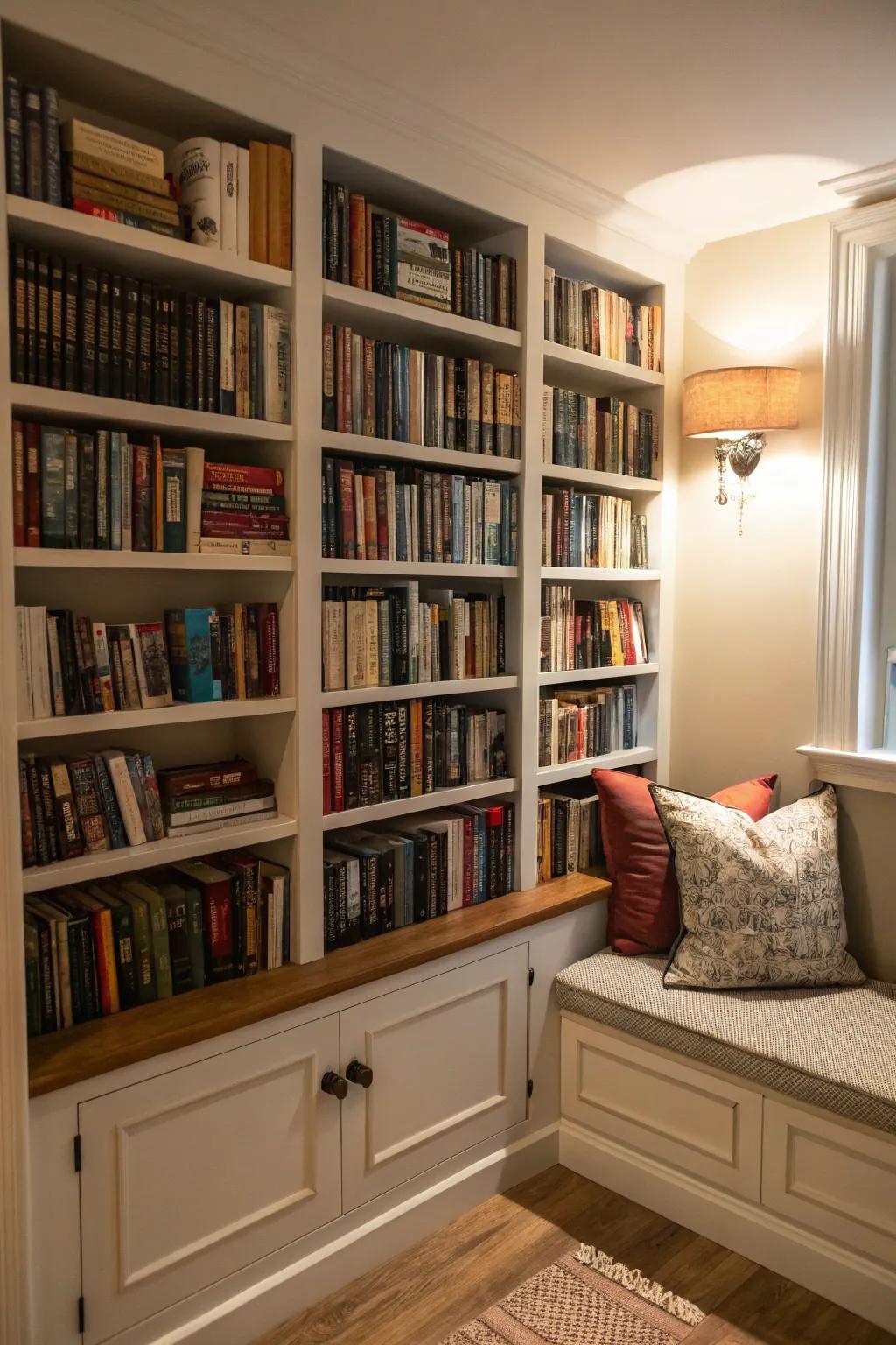 Utilize built-in shelving to maximize book storage in small spaces.