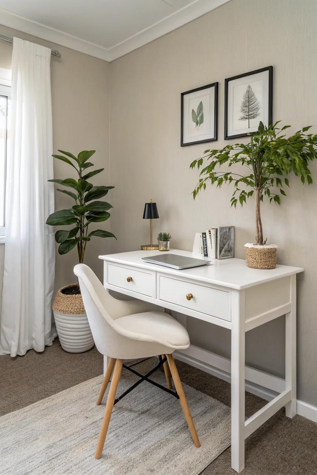 A minimalist small office with a clean, airy aesthetic.