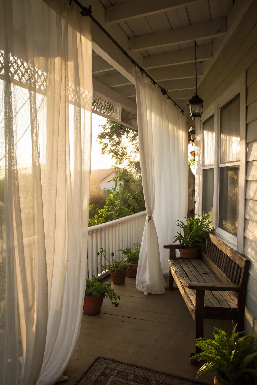 Sheer white curtains bring elegance and light to your small porch.