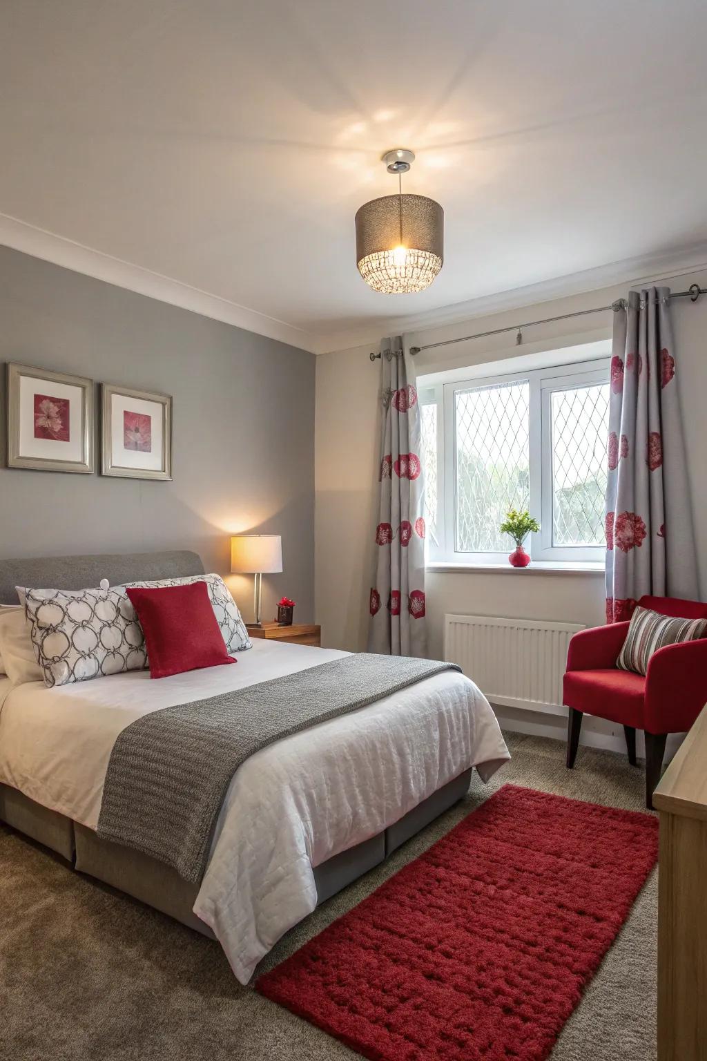 A small bedroom featuring soft grey walls complemented by vibrant red accents.