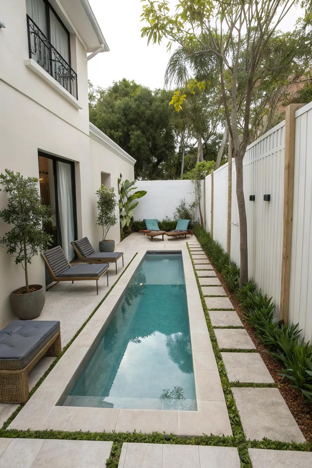 A streamlined rectangular pool optimizing backyard space.