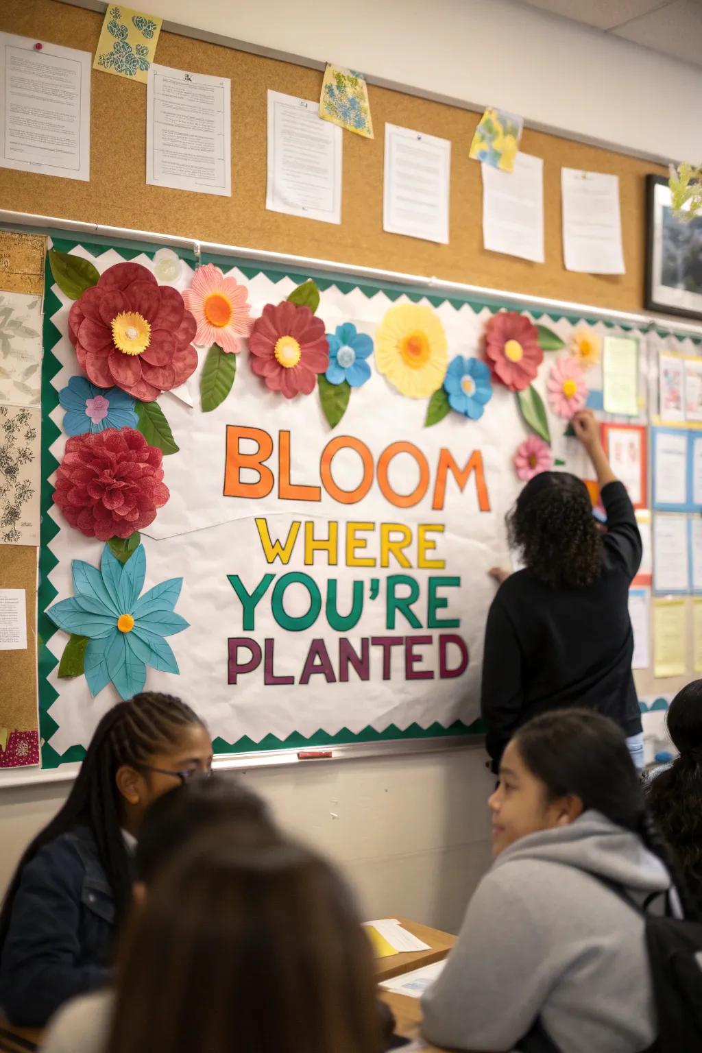 A bulletin board filled with colorful paper flowers and an inspiring message about growth.